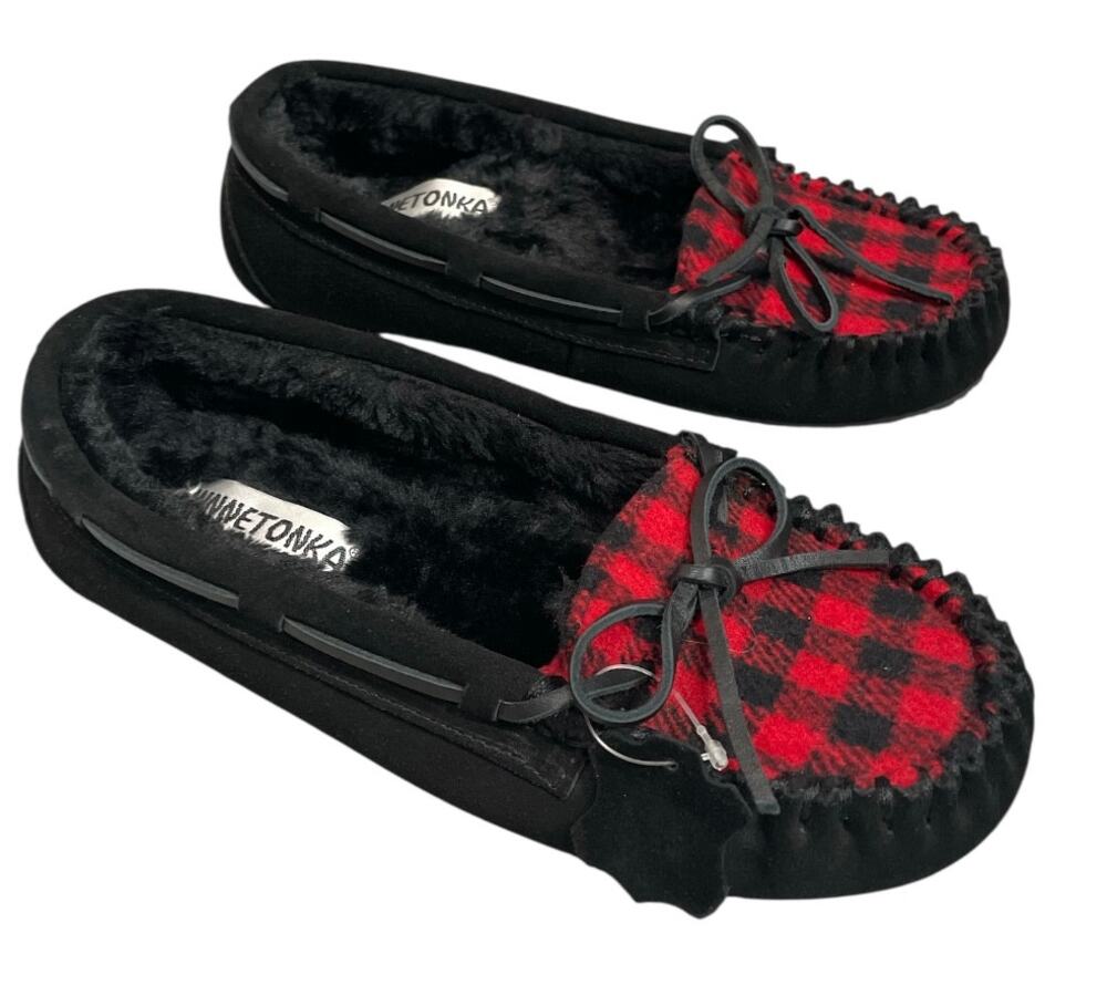 3 FOR $45 SALE | Minnetonka Allie Plaid Moccasin Slippers Red Black 8 NWOT